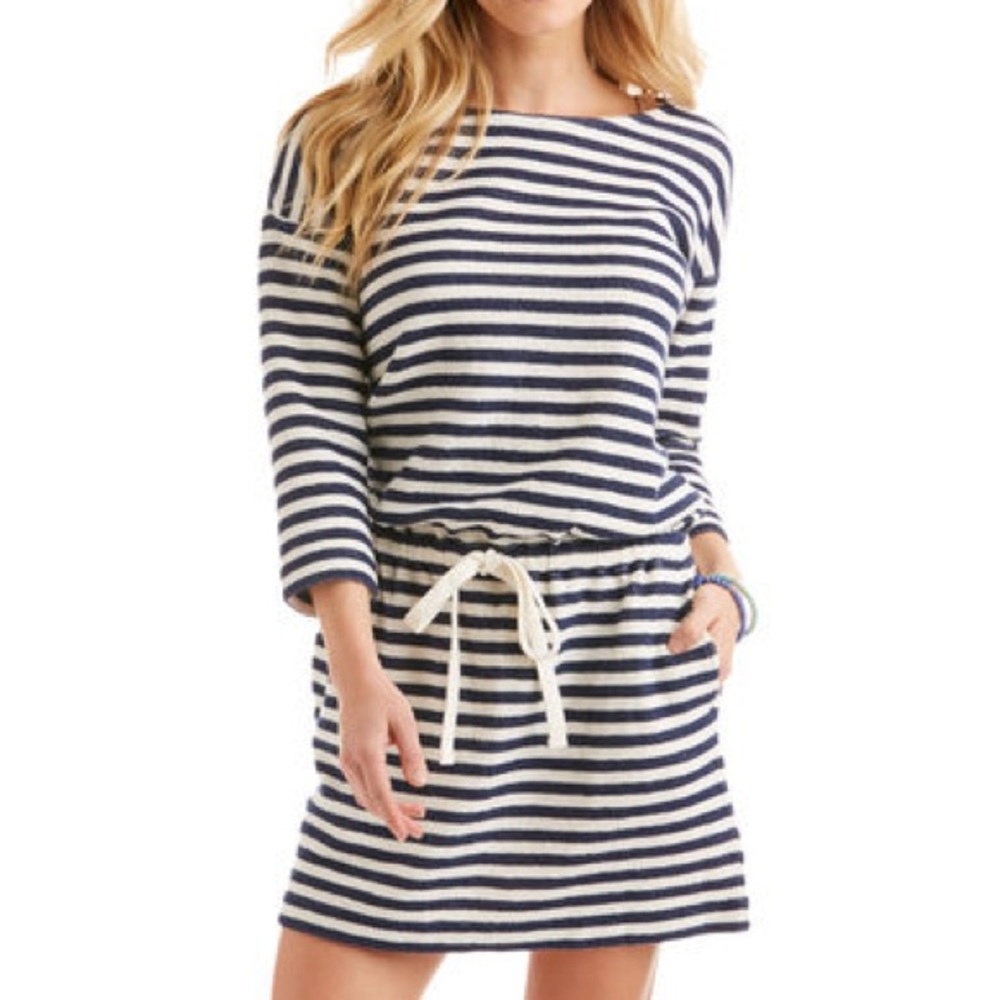 Stripe 3/4-Sleeve Drawstring Terry Dress